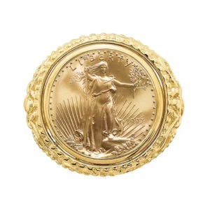 14k Gold 16.5mm Filigree Design Coin Ring With A 22k 1/10 Oz American Eagle