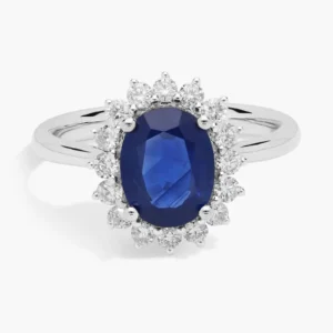 Oval Sapphire and Diamond Sunburst Halo Ring in 14k White Gold (9x7mm