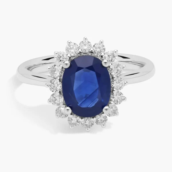 Oval Sapphire and Diamond Sunburst Halo Ring in 14k White Gold (9x7mm